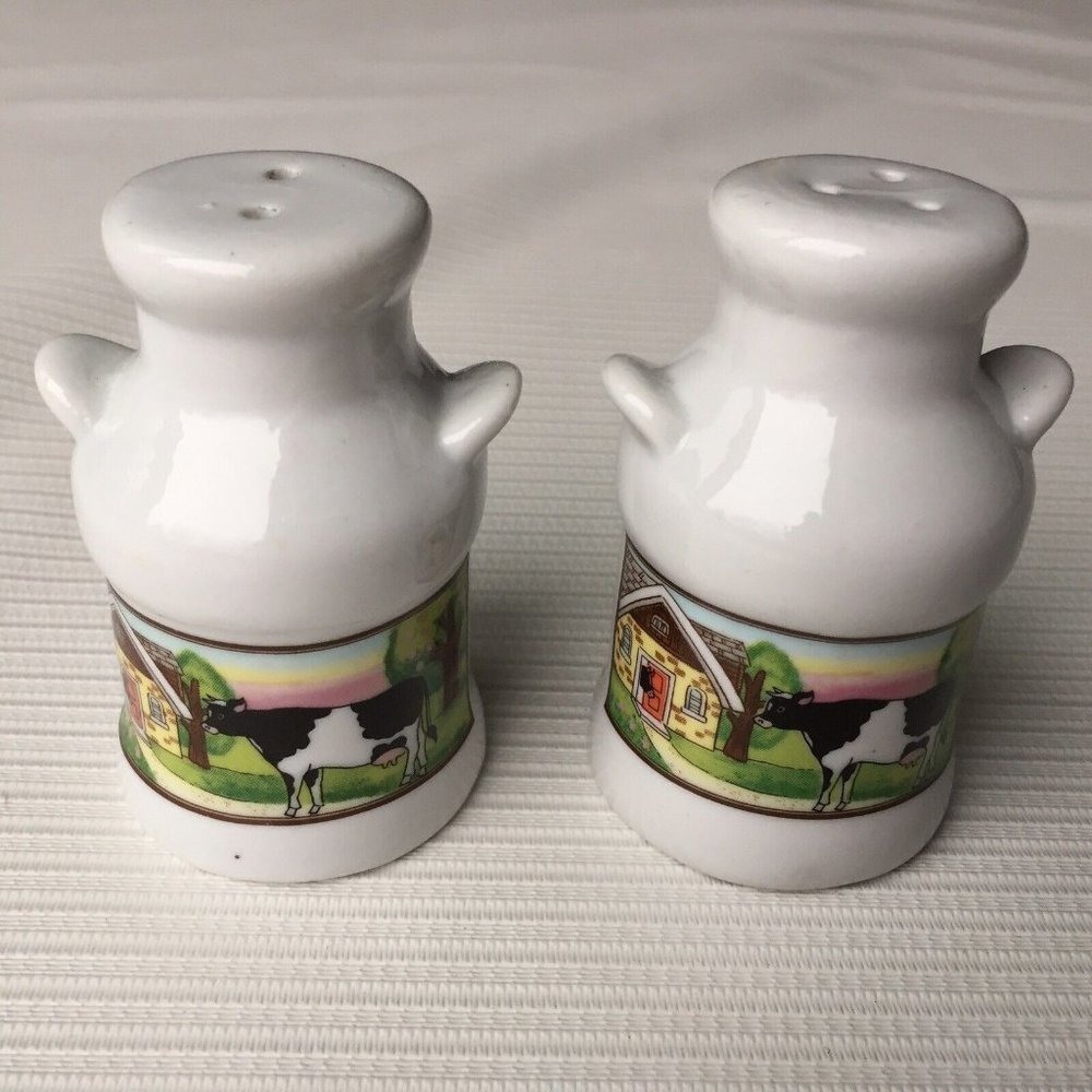 Vintage Milk Jug Salt & Pepper Shaker Set Cow Farm Pictorial Art Country Cottage